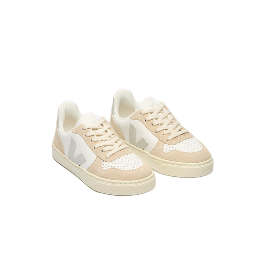 VEJA Small V-10 Laces — White/Natural/Almond — elevated front view (CX0520999); official square photo; original shoe pixels preserved