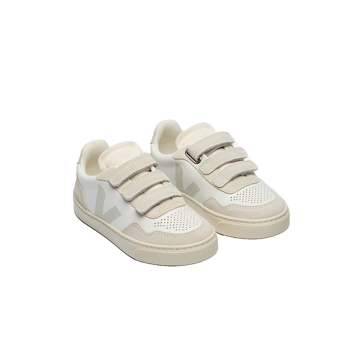 VEJA Veja Small V-90 O.T Leather — Extra-White Natural — elevated front view (SX2020637); official square photo; original shoe pixels preserved