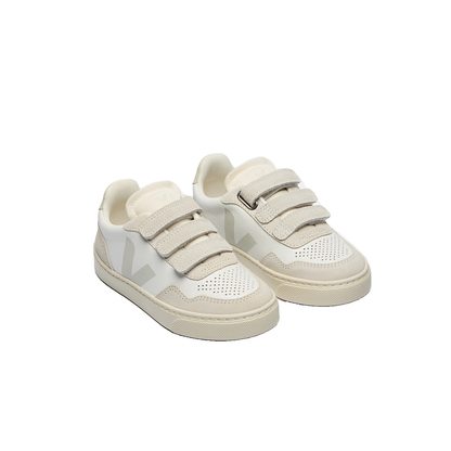 VEJA Veja Small V-90 O.T Leather — Extra-White Natural — elevated front view (SX2020637); official square photo; original shoe pixels preserved
