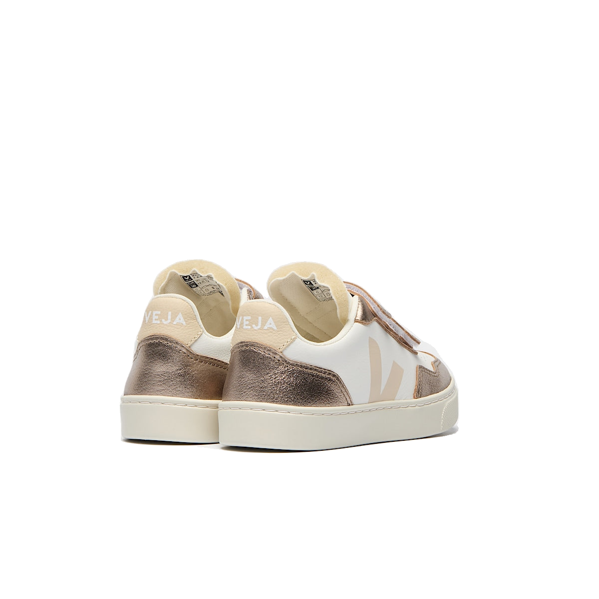 VEJA Veja Small V-90 O.T Leather — White Sable Bronze — rear view (SX2021008); official square photo; original shoe pixels preserved