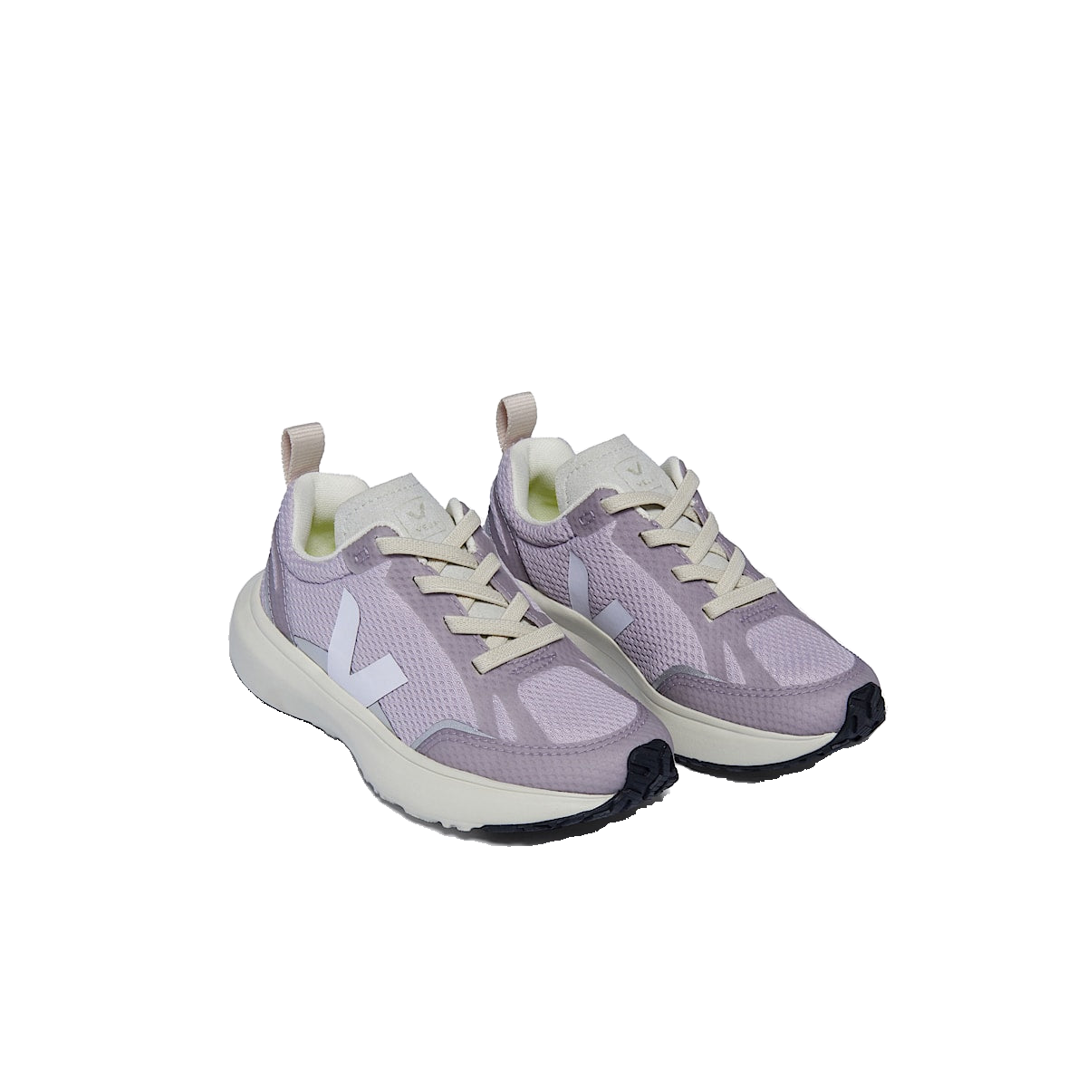VEJA Canary Elastic Laces Alveomesh — Parme White — elevated front view (YL1803630); official square photo; original shoe pixels preserved