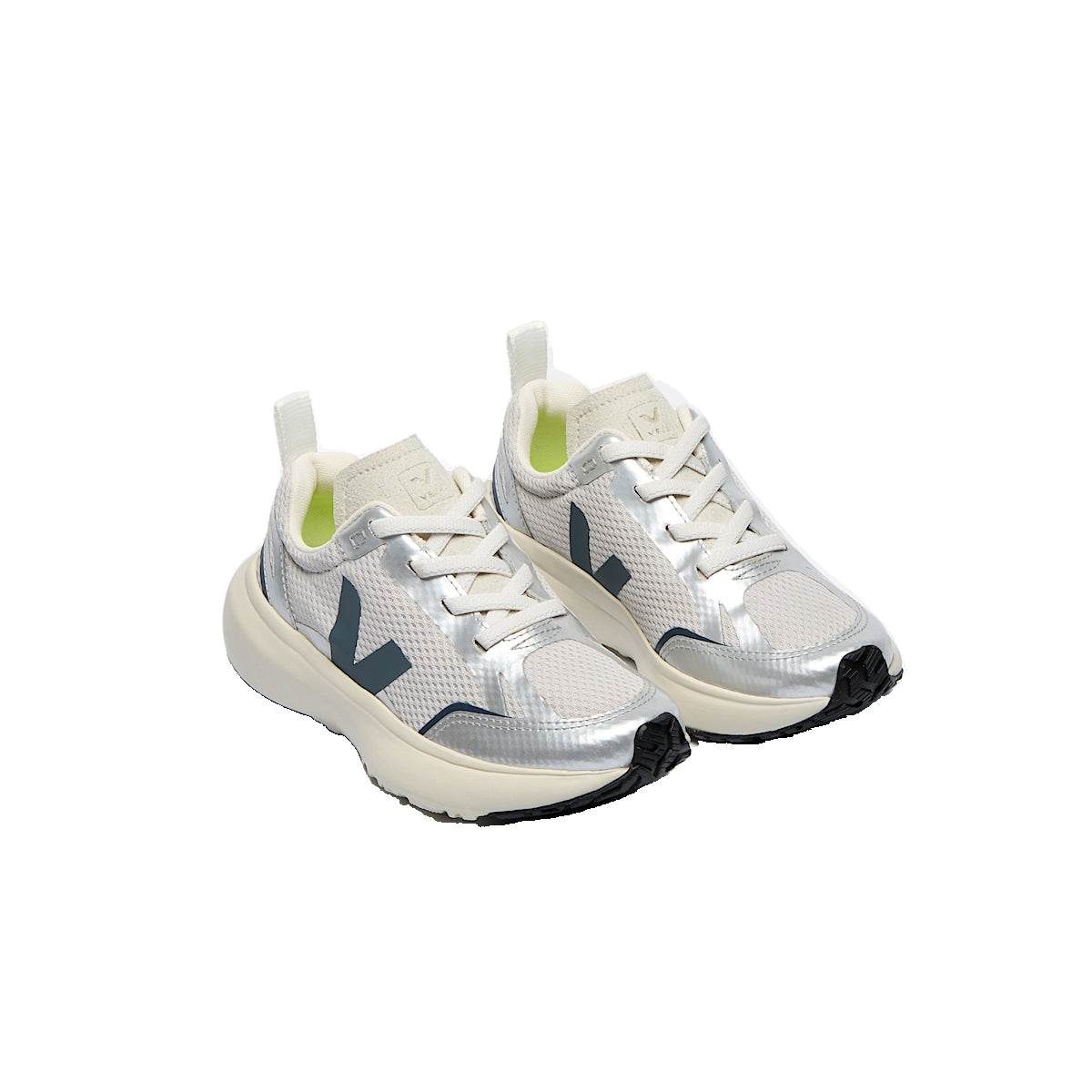 VEJA Canary Elastic Laces Alveomesh — Light-grey/California/Silver — elevated front view (YL1820623); official square photo; original shoe pixels preserved