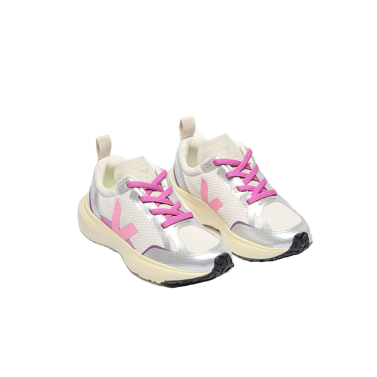 VEJA Canary Elastic Laces Alveomesh — Gravel Malibu Silver — elevated front view (YL1803821); official square photo; original shoe pixels preserved