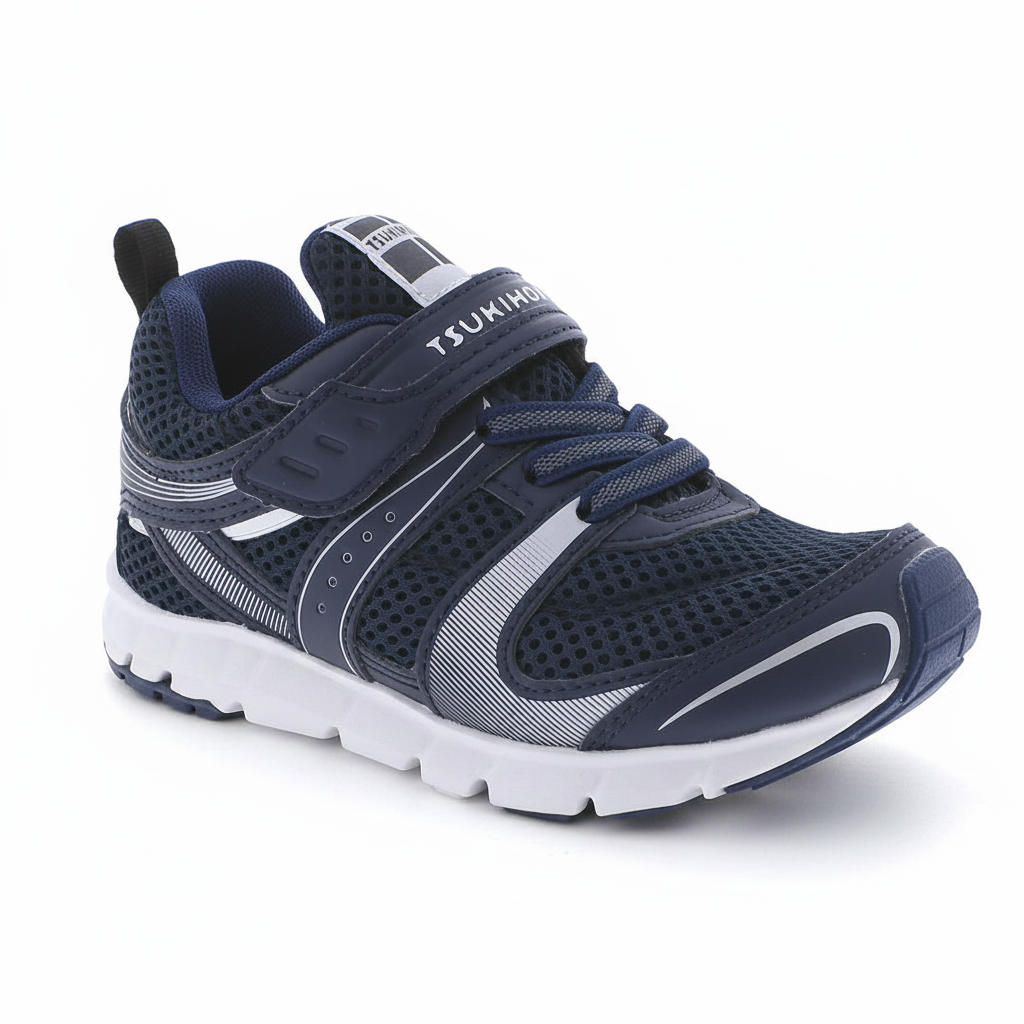 Navy blue Tsukihoshi Velocity children's athletic shoe with mesh upper, single hook-and-loop strap, elastic laces, and white sole.