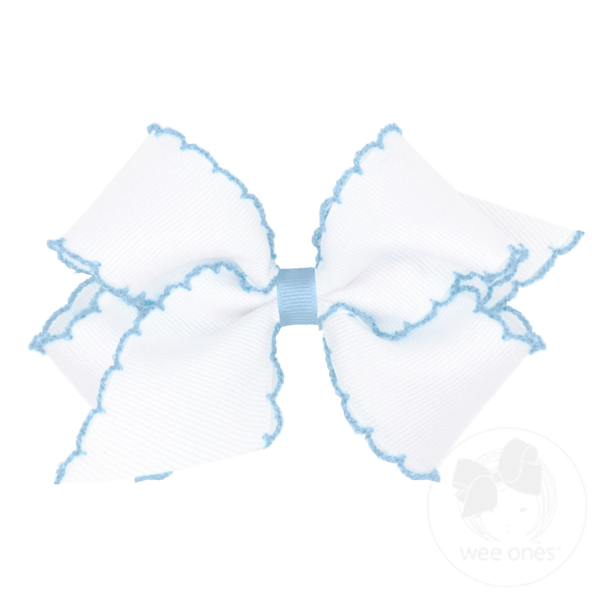 Medium Moonstitch Grosgrain Bow with Contrasting Wrap – White with Millenium Blue/WHM