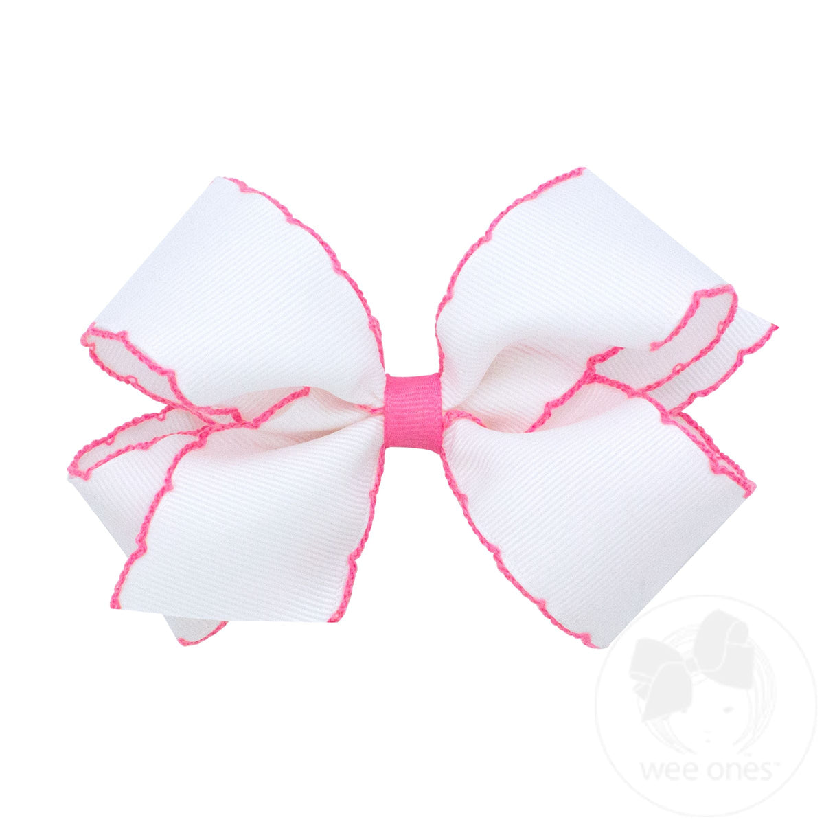 Medium Moonstitch Grosgrain Bow with Contrasting Wrap – White with Hot Pink/WHP