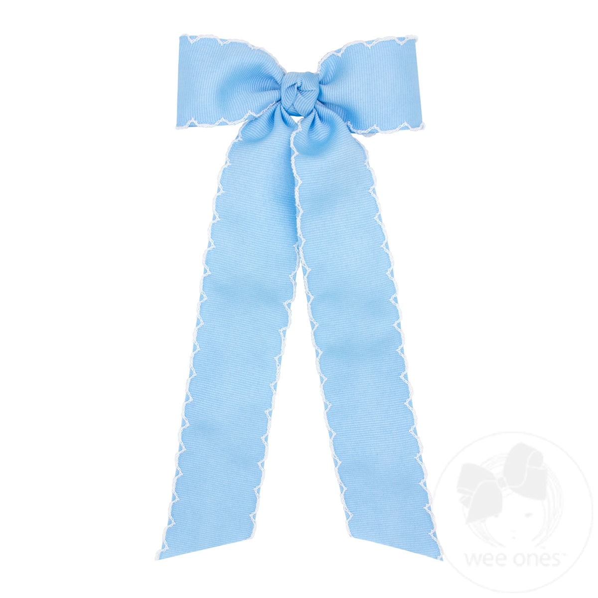 Medium Grosgrain Moonstitch Hair Bowtie with Knot Wrap and Streamer Tails – Blue with White/BLW