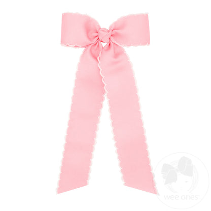 Medium Grosgrain Moonstitch Hair Bowtie with Knot Wrap and Streamer Tails – Light Pink with White/LPW