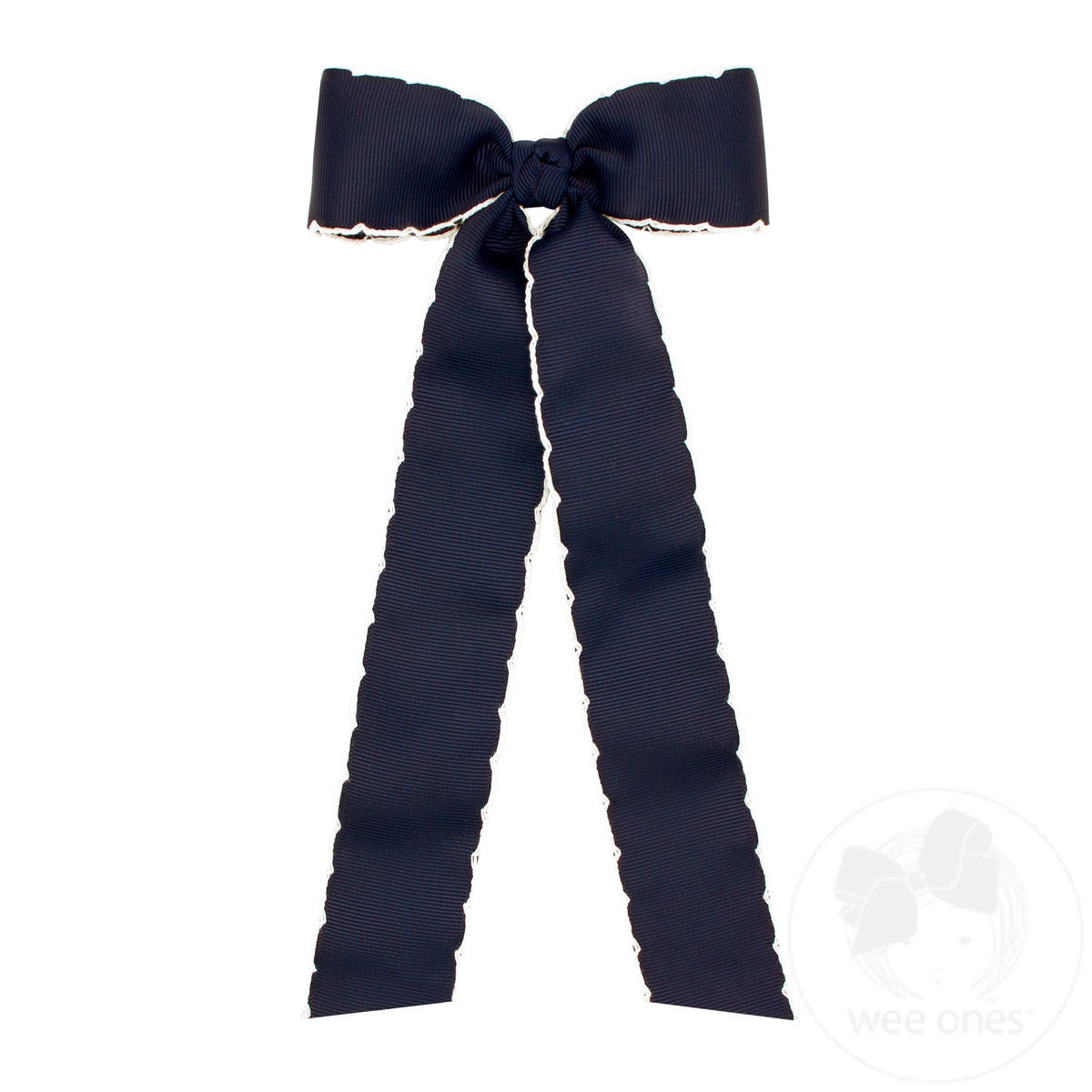 Medium Grosgrain Moonstitch Hair Bowtie with Knot Wrap and Streamer Tails – Navy with White/NVW
