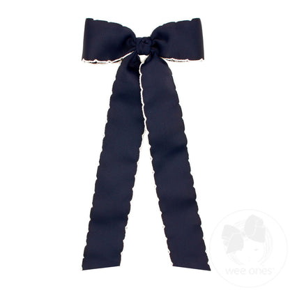 Medium Grosgrain Moonstitch Hair Bowtie with Knot Wrap and Streamer Tails – Navy with White/NVW