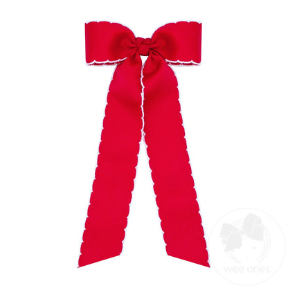 Medium Grosgrain Moonstitch Hair Bowtie with Knot Wrap and Streamer Tails – Red with White/RDW