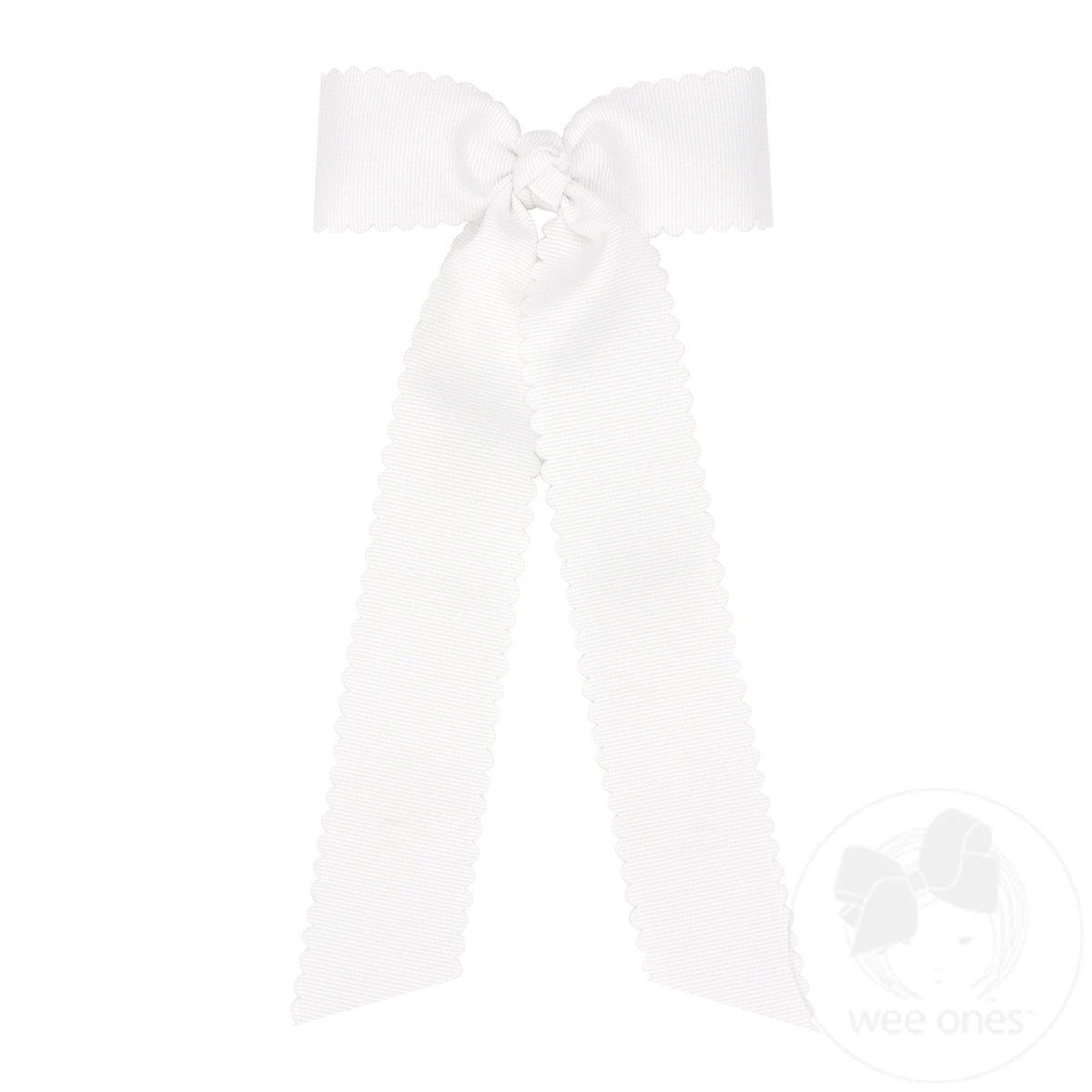 Medium Grosgrain Bowtie w/ Scalloped Edge Knot Wrap Streamer Tails – White/WHT