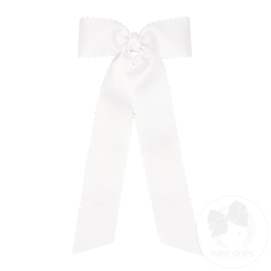 Medium Grosgrain Bowtie w/ Scalloped Edge Knot Wrap Streamer Tails – White/WHT