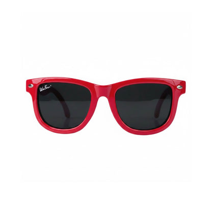 Red Wayfarer-style sunglasses with dark lenses and silver temple rivets, featuring the WeeFarers logo on the left temple.