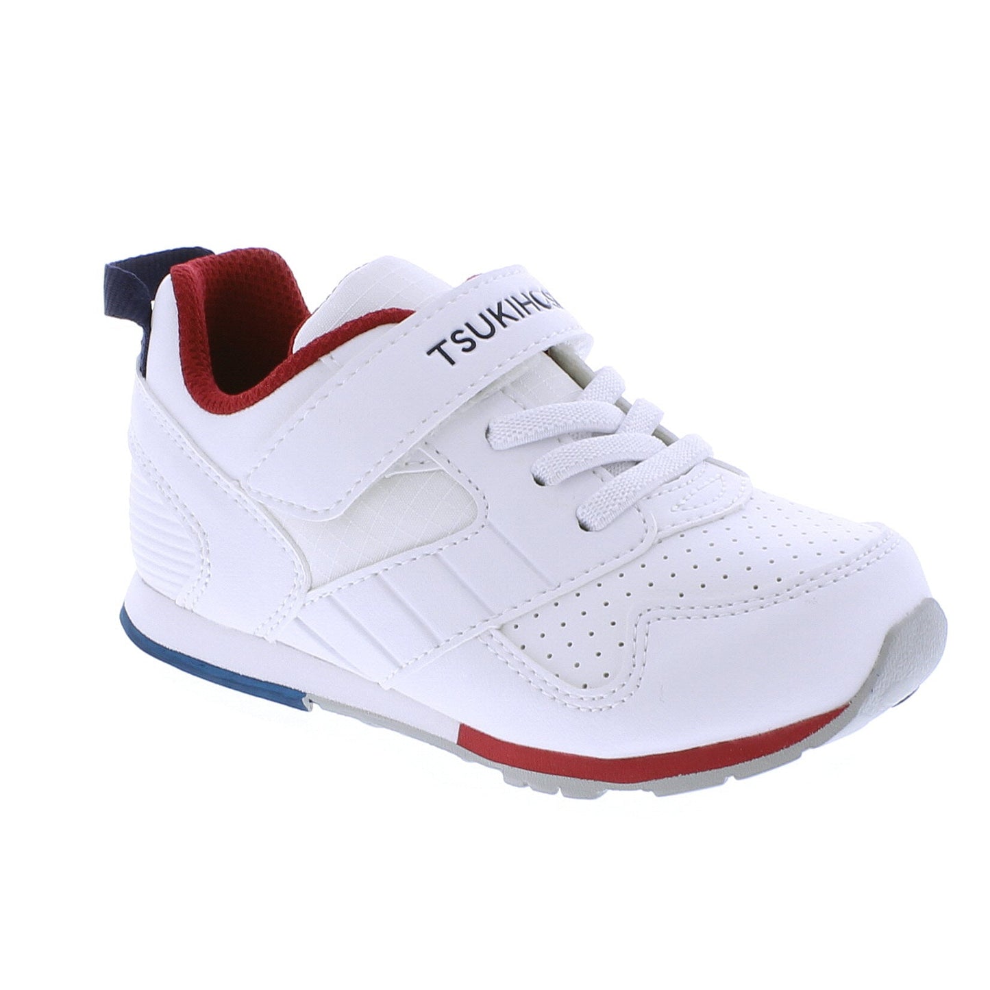 White children's Tsukihoshi Racer sneaker with red trim, blue accents, a Velcro strap, and laces.