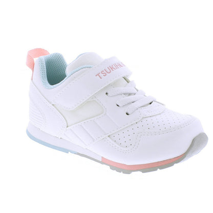 White children's sneaker with light blue lining, pink accents, gray sole, a Velcro strap with 'TSUKIHOSHI' text, and perforated toe.