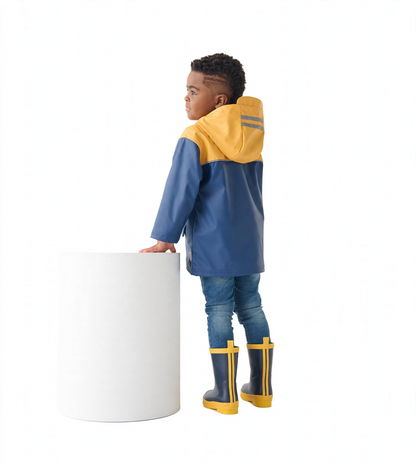 Yellow and navy zip-up rain jacket with a hood, worn by a child, paired with blue jeans and yellow rain boots.