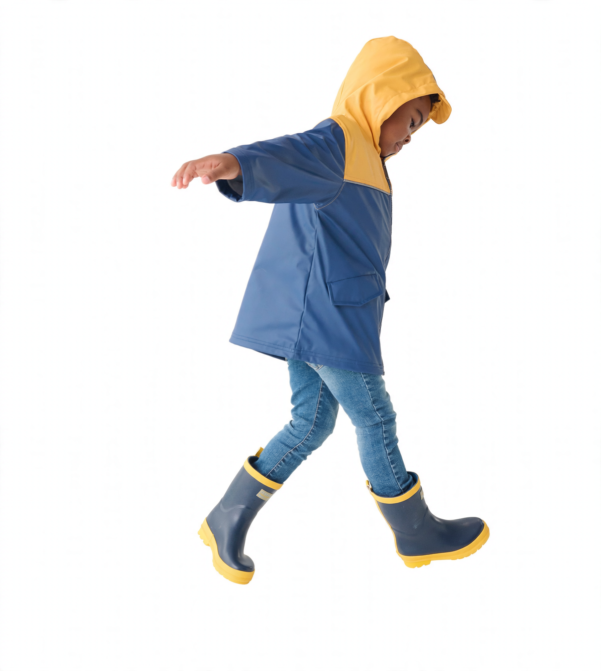 Yellow and navy zip-up rain jacket with a hood, worn by a child, paired with blue jeans and gray rain boots.